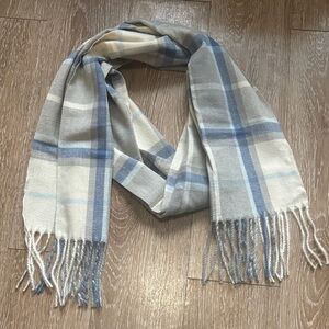 Cream/Gray/Blue Plaid Acrylic Knit Scarf 12”x72”